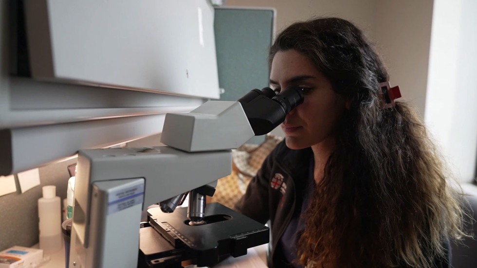 Woman looking into microscope